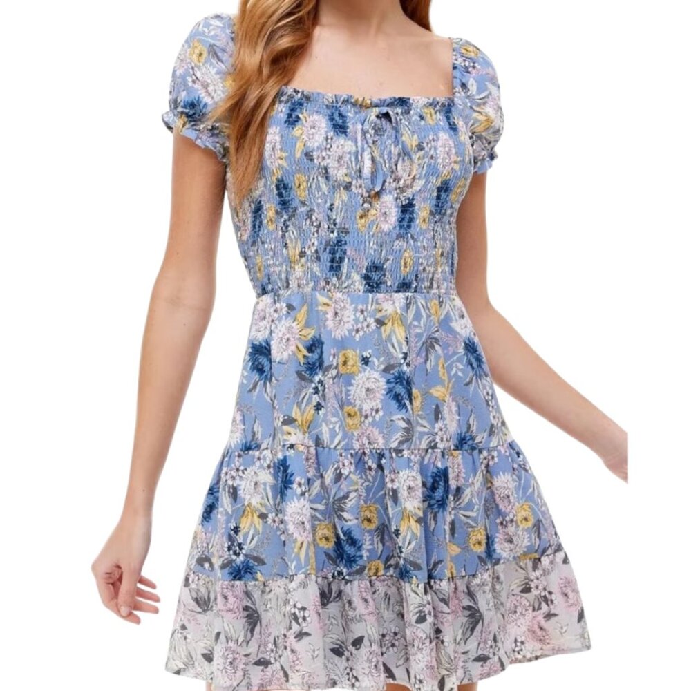 City Studio Floral Periwinkle Blue Smocked Puff Sleeve Cottagecore Mini Dress XL